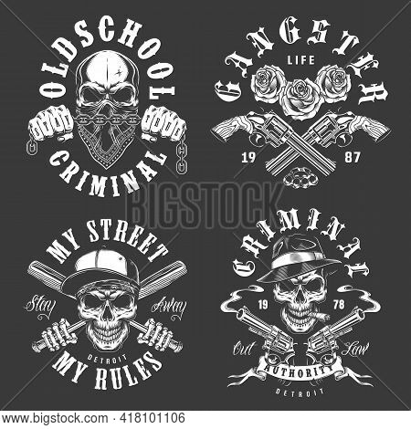 Set Of Gangster Emblems In Monochrome Style. Vector Illustration