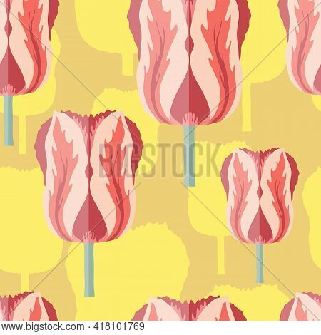 Seamless Pattern With Varietal Pink And Red Tulip. Yellow Silhouettes Of The Same Tulip On The Botto