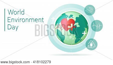 World Environment Day. Planet With Icons. Enviroment Protection. Vector Stock Illustration. White Ba
