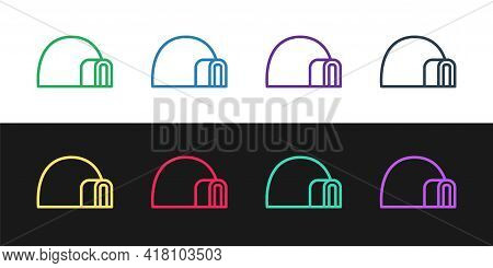 Set Line Igloo Ice House Icon Isolated On Black And White Background. Snow Home, Eskimo Dome-shaped 