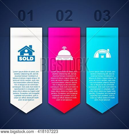 Set Hanging Sign With Text Sold, Hotel Service Bell And Warehouse. Business Infographic Template. Ve