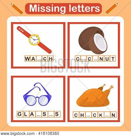 Vector Illustration For Kids With The Game Missing Letters. Educational Page For Children, Classes O