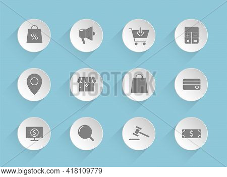 E-commerce Vector Icons On Round Puffy Paper Circles With Transparent Shadows On Blue Background. E-