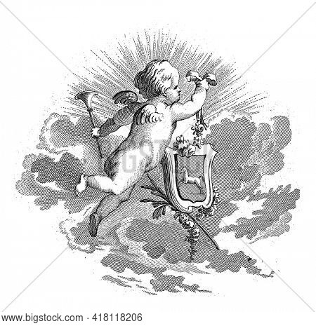A putto seen diagonally from behind, flies through the air with a trumpet in the left hand and a coat of arms in the right.