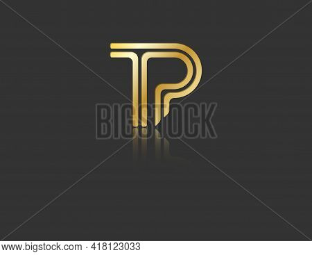 Gold Stylized Lowercase Letters T And P With Reflection Connected By A Single Line For Logo, Monogra