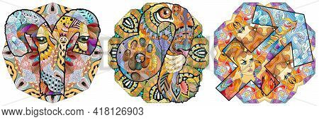 Hand-painted Art Design. Hand Drawn Illustration Words Aries, Leo And Sagittarius For T-shirt And Ot