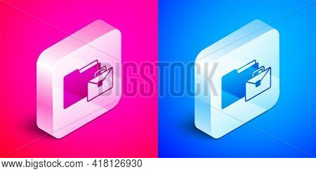 Isometric Online Working Icon Isolated On Pink And Blue Background. Freelancer Man Working On Laptop