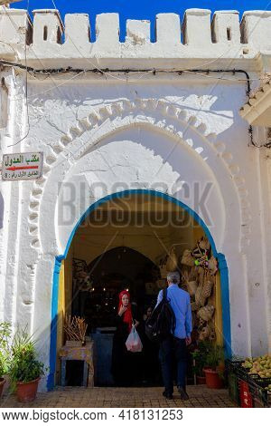 Tangier, Morocco - 17 October, 2019: Stone Arched Entrance Of The Main Food Market Located On Grand 