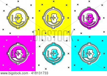 Set Headshot Icon Isolated On Color Background. Sniper And Marksman Is Shooting On The Head Of Man, 