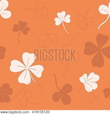 Seamless Pattern With Clover. The Leaves Of The Clover. Orange Pattern. Lots Of Clover Leaves. Vecto