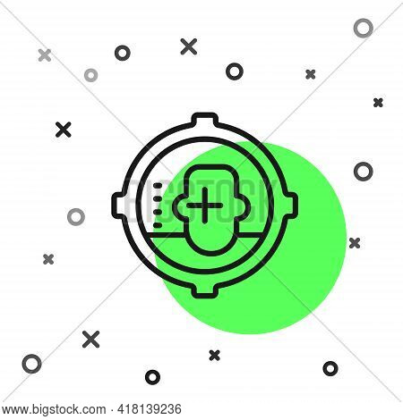 Black Line Headshot Icon Isolated On White Background. Sniper And Marksman Is Shooting On The Head O
