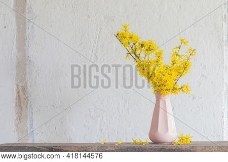 Forsythia  In Vase On Vintage White Background