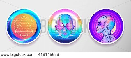 Retro Futurism Or New Age Style Flyer Set. Vector Futuristic Sacred Geometry Synth Wave Illustration