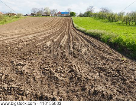 Landscape With Agricultural Land Plowed, Prepared For Harvest. Agricultural Landscape, Arable Land F