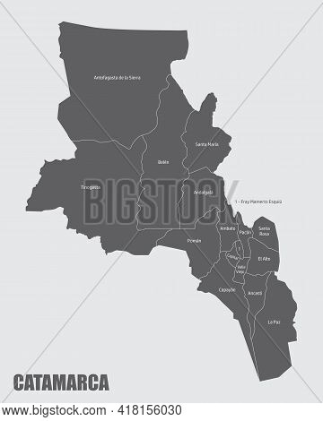 The Catamarca Province, Isolated Map Divided In Departments With Labels, Argentina