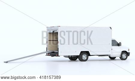 A Van With An Open Trunk And A Lowered Ramp. Ready To Load. 3d Render.