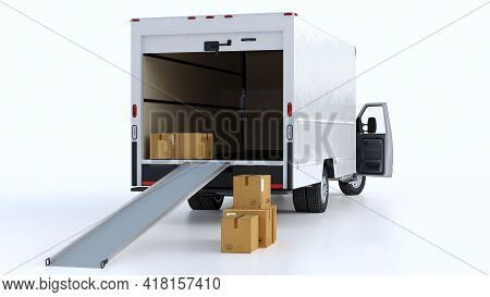 Parcel Van With Open Doors And Lowered Ramp With Cardboard Boxes On  Isolated Background. Delivery A