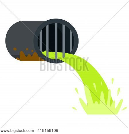 Pipe With Green Water. Drainage System. Industrial Drain. Flat Cartoon Illustration Isolated On Whit