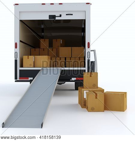 Cargo Truck  With Open Trunk And A Lowered Ramp On Isolated Background From The Back. Moving Cardboa