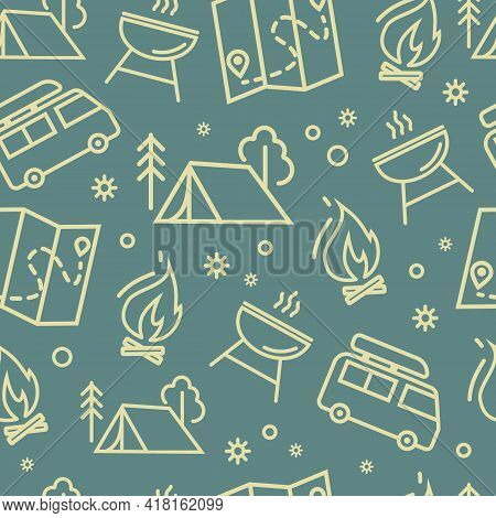 Elements Of Camping, Family Tourism. A Camping Tent, A Burning Campfire, A Map, A Barbecue, And A Va