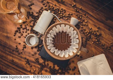 Top View Coffee Powder In The Dripper For Make Coffee Filter On Scales. Prepare Drip Coffee With Cof