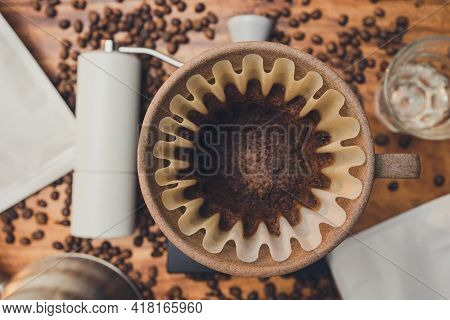 Top View Coffee Powder In The Dripper For Make Coffee Filter On Scales. Prepare Drip Coffee With Cof