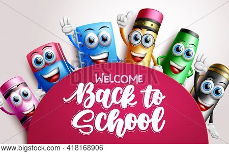 Back To School Characters Vector Template Design. Welcome Back To School Text In Space With Student 