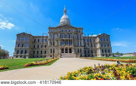 EAST LANSING, MI -22 AUGUST 2020 - The Michigan State Capitol is the building that houses the legislative branch of the government of the U.S. state of Michigan