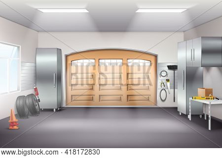 Modern Spacious Garage Interior Realistic Composition With Tool Storage Cabinets Pegboard Workbench 