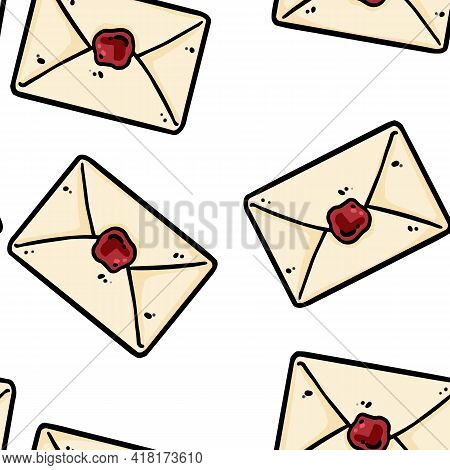 Cute Cartoon Mail Post Envelopes Doodles Seamless Border Pattern. Vector Repeatable Background Tile.