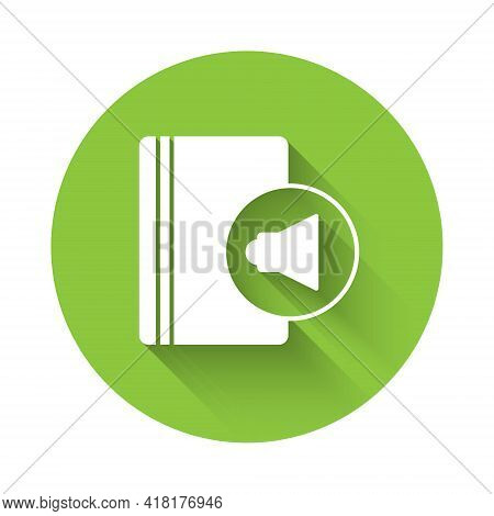White Audio Book Icon Isolated With Long Shadow. Book With Headphones. Audio Guide Sign. Online Lear