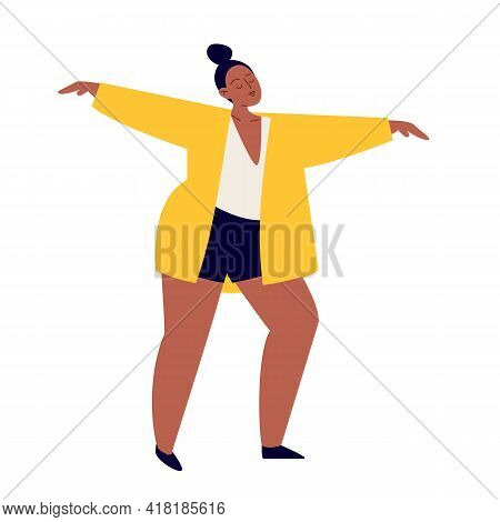 Cartoon Plump Woman Dancing. A Young Pretty Girl Is Dancing In A Yellow Jacket And Short Dark Shorts