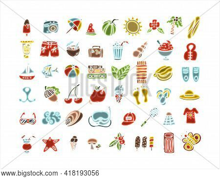 A Big Vector Doodle Summer Set. Hand Draw Accessories For Beach Holidays By The Sea. Flat Design Ill