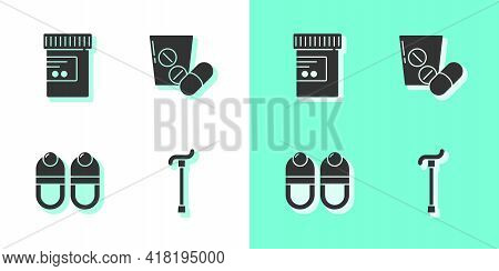 Set Walking Stick Cane, Medicine Bottle And Pills, Slippers And Or Tablet Icon. Vector