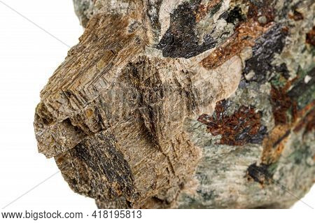 Macro Stone Mineral Actinolite On A White Background