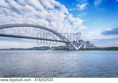 The Lupu Bridge Spanning The Huangpu River Connecting Pudong And Puxi In Shanghai China On A Sunny D