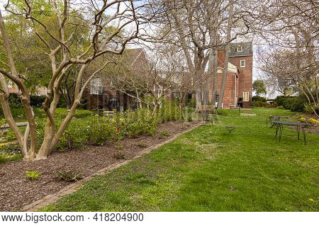 A Small Garden With Trimmed Shrubs, Beautiful Flowering Plants And Trees And A Stone Decorative Bird