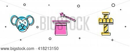 Set Monkey, Magic Hat And Wand And Attraction Carousel Icon. Vector