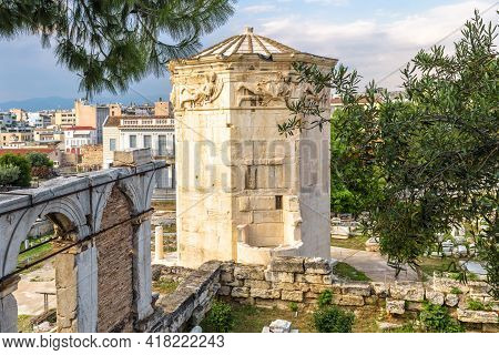 Tower Of Winds Or Aerides In Roman Agora, Athens, Greece. It Is Landmark Of Athens. Ancient Greek Ru