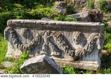 Relief Stone Carving, Architecture Detail In Roman Agora, Athens, Greece. Classical Greek Ornament F