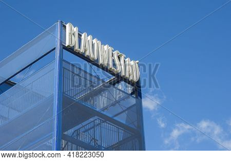 Blue Steel Tower With The City Name In Blauwestad, Netherlands
