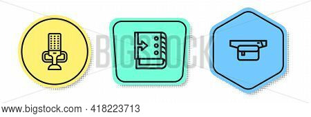 Set Line Microphone, Sound Mixer Controller And Waist Bag Of Banana. Colored Shapes. Vector