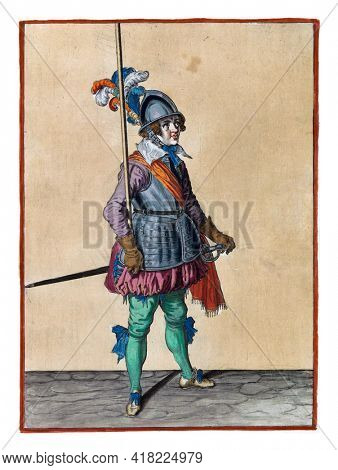 A soldier, full-length, to the right, holding a spear (lance) with his right hand upright in the socket of his right arm. This is the third act of lifting the skewer upright