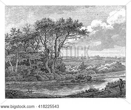 Landscape with river. Three figures in the foreground on the right.