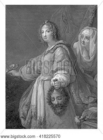 Judit stands with a sword in hand and shows the spectator the severed head of Holofernes. Behind her is her servant.
