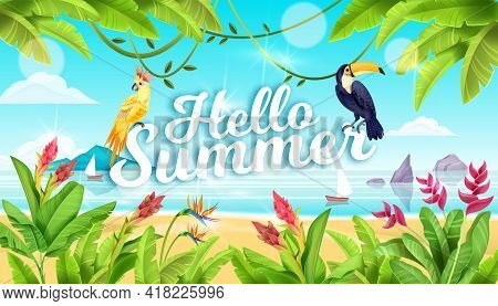 Summer Beach Landscape, Tropical Paradise Background, Toucan, Parrot, Exotic Flowers, Ocean, Sand, R