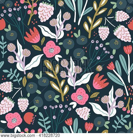Seamless Pattern With Flowers, Blueberry And Leaves, Rasberry. Creative Hight Detailed Floral Textur