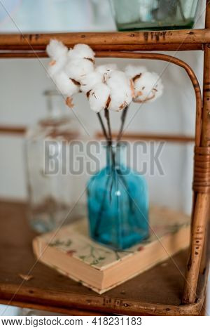 Cotton Flower Inblue Glass Vase Close Up, Home Decor