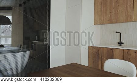 White And Brown Modern Kitchen With Wooden