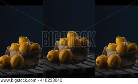 The Trending Colors Of 2021. Yellow, Illuminating Lemons On A White Table. Isometric View Minimal St